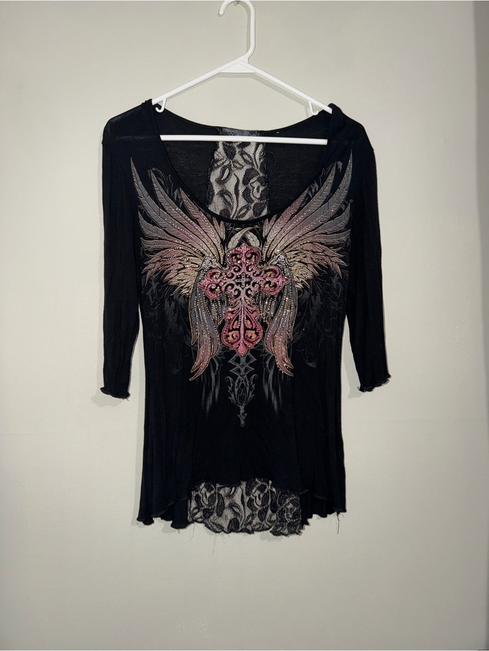 Angels & Diamonds Black Winged Cross Graphic Lace Back Top – Size L